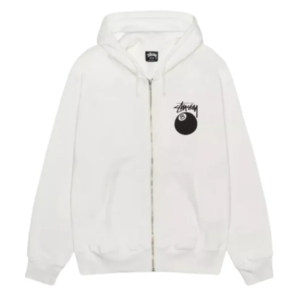 Stussy 8 Ball White Zip Up Hoodie
