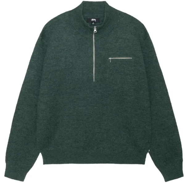 Stussy Half Zip Mock Neck Green Knit Sweater