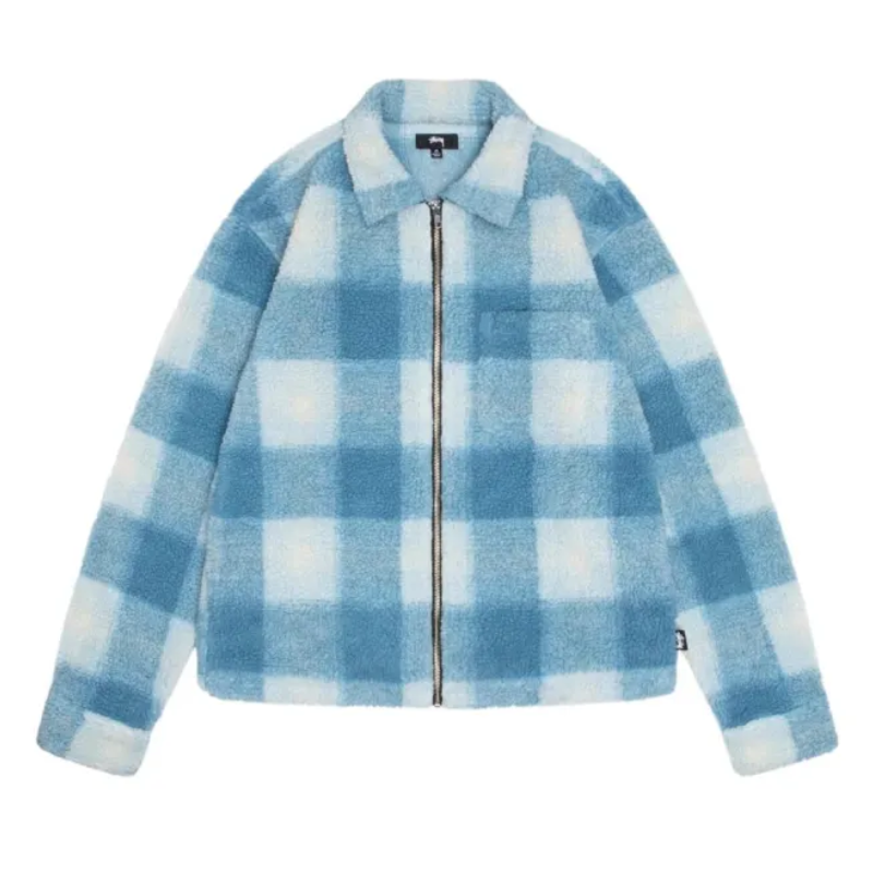 Stussy Shadow Plaid Sherpa Zip Light Blue Jacket Stussy Shadow Plaid Sherpa Zip Light Blue Jacket