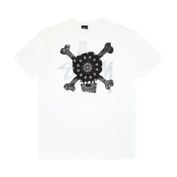 Stussy White and Black Paisley Skull White Tee