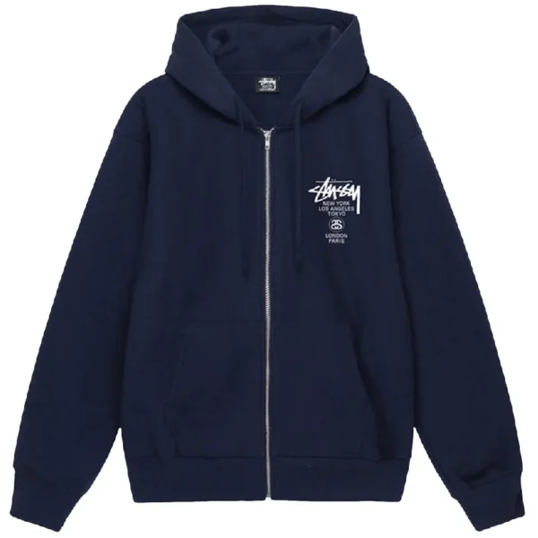 Stussy World Tour Navy Blue Zip Up Hoodie