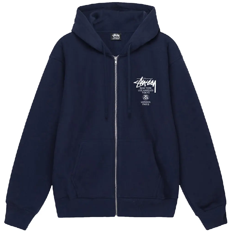 Stussy World Tour Navy Blue Zip Up Hoodie